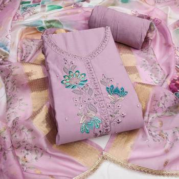 Lavender cotton silk embellished unstitched dress material 2