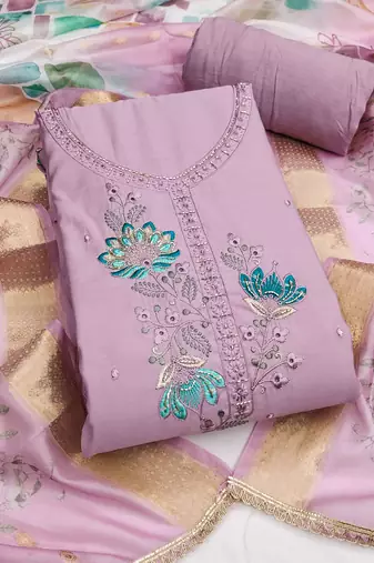Lavender cotton silk embellished unstitched dress material