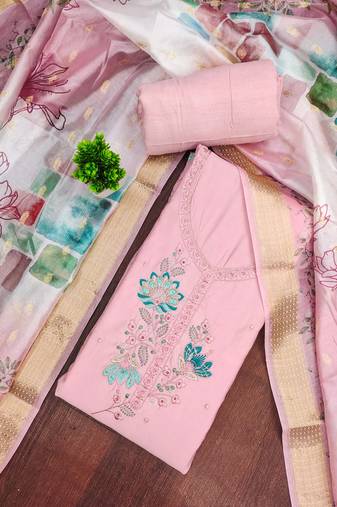 Pink cotton silk embellished unstitched dress material
