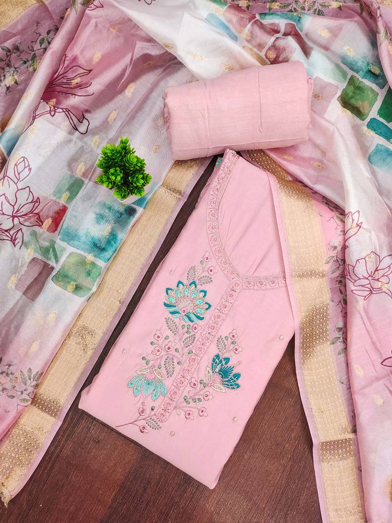 Pink cotton silk embellished unstitched dress material