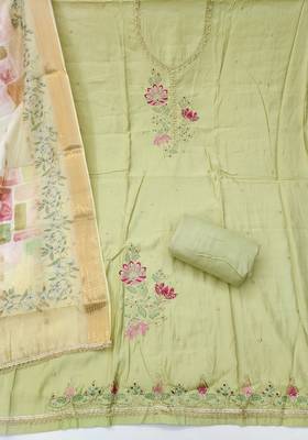 Mint cotton silk embellished unstitched dress material 3