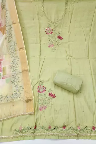Mint cotton silk embellished unstitched dress material
