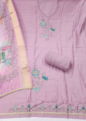 Lavender cotton silk embellished unstitched dress material 3