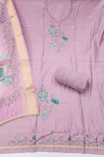 Lavender cotton silk embellished unstitched dress material