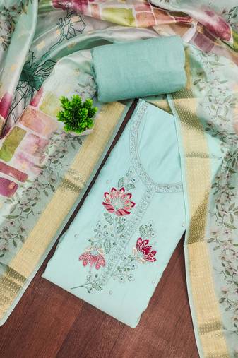 Blue cotton silk embellished unstitched dress material