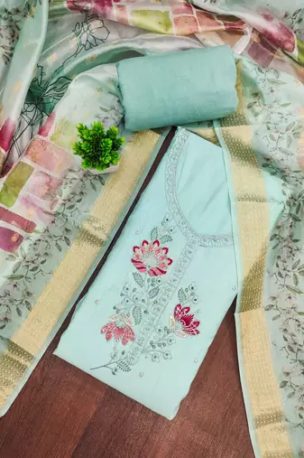 Blue cotton silk embellished unstitched dress material