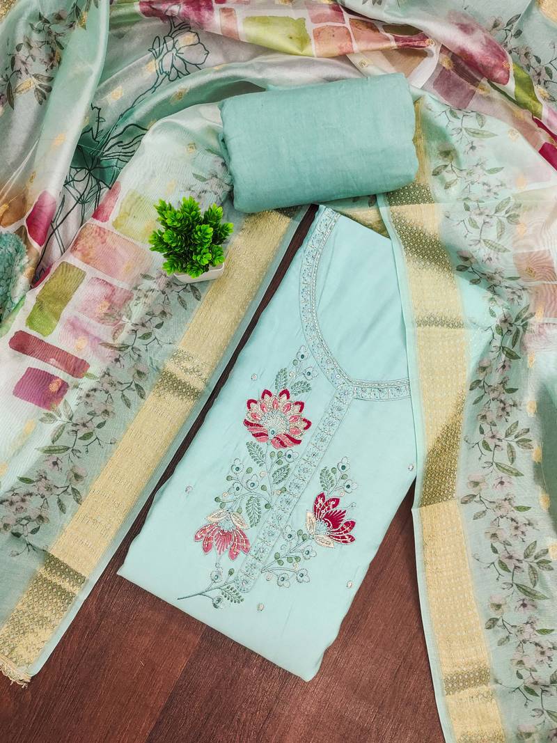 Blue cotton silk embellished unstitched dress material