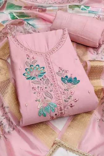 Pink cotton silk embellished unstitched dress material