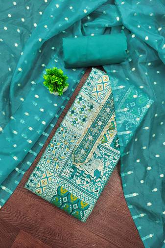 Turquoise viscose banarasi woven design unstitched dress material