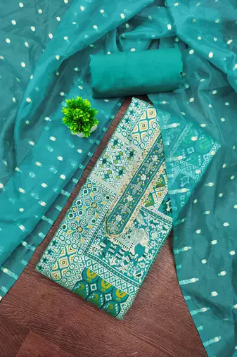 Turquoise viscose banarasi woven design unstitched dress material