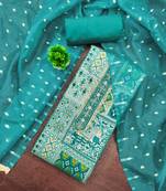 Turquoise viscose banarasi woven design unstitched dress material