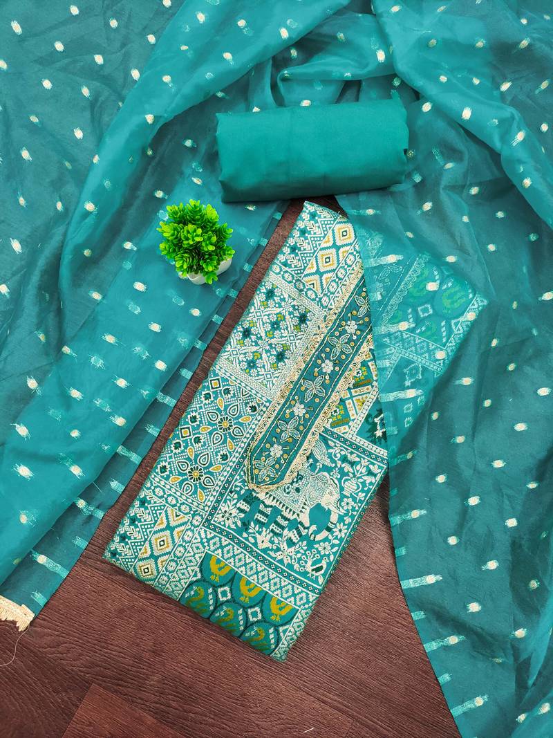 Turquoise viscose banarasi woven design unstitched dress material