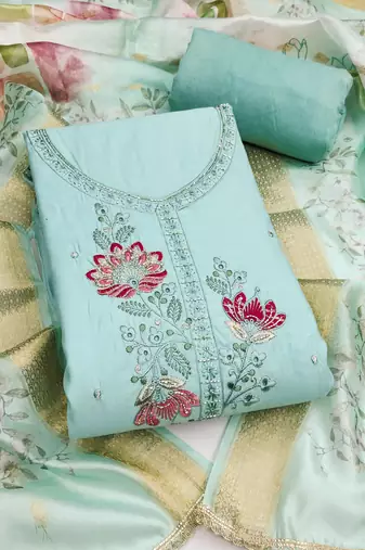 Blue cotton silk embellished unstitched dress material