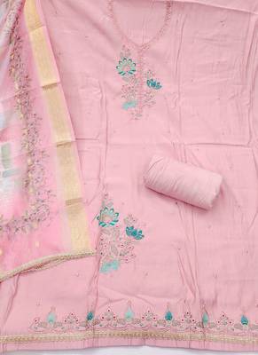 Pink cotton silk embellished unstitched dress material 3