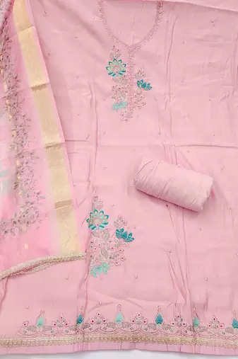 Pink cotton silk embellished unstitched dress material