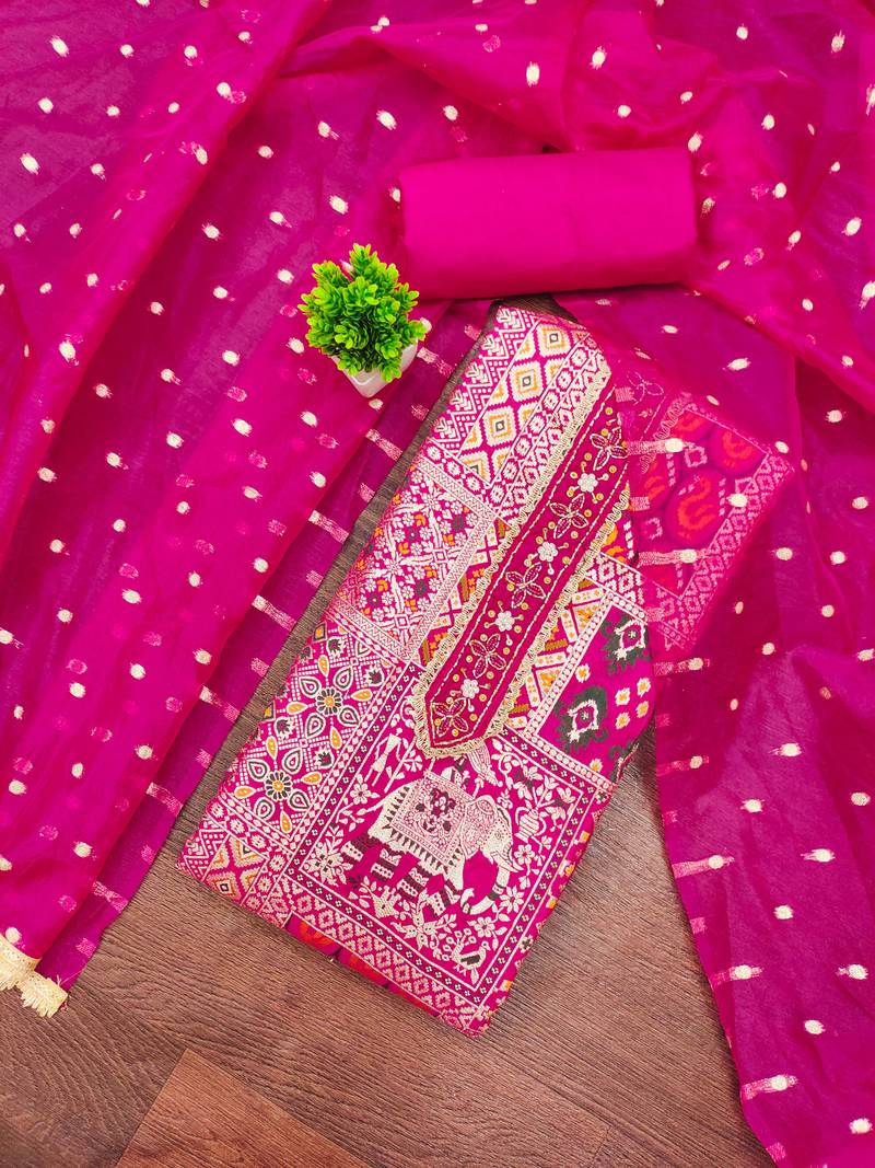 Magenta viscose banarasi woven design unstitched dress material