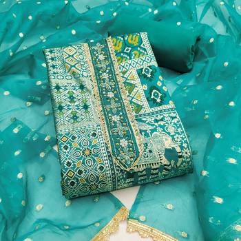 Turquoise viscose banarasi woven design unstitched dress material 2