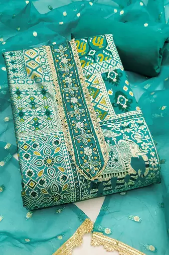 Turquoise viscose banarasi woven design unstitched dress material