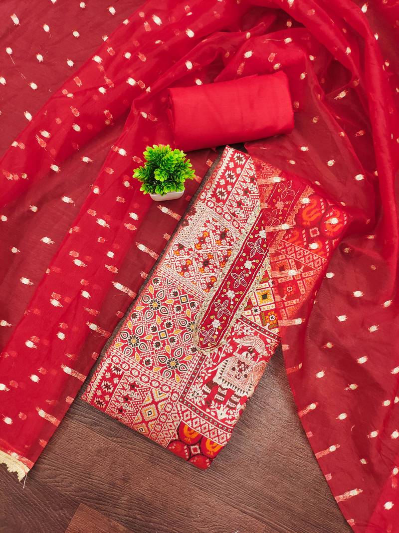 Red viscose banarasi woven design unstitched dress material