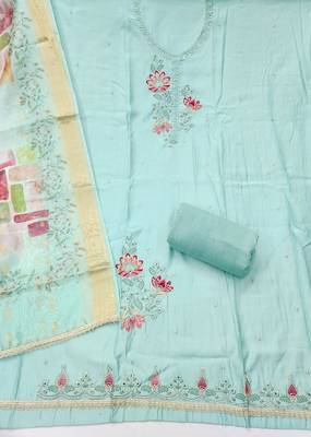 Blue cotton silk embellished unstitched dress material 3
