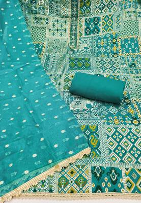 Turquoise viscose banarasi woven design unstitched dress material 3