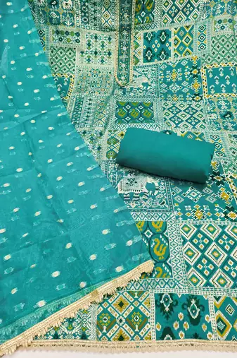Turquoise viscose banarasi woven design unstitched dress material