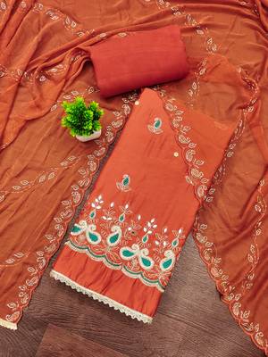 Rust cotton silk embroidered unstitched dress material 1