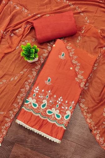Rust cotton silk embroidered unstitched dress material