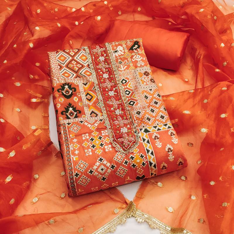 Orange viscose banarasi woven design unstitched dress material