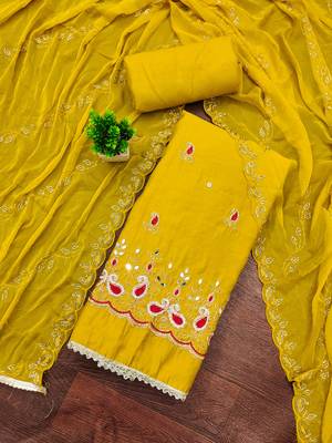 Yellow cotton silk embroidered unstitched dress material 1
