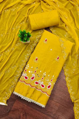 Yellow cotton silk embroidered unstitched dress material