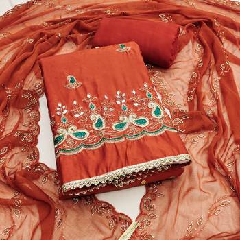 Rust cotton silk embroidered unstitched dress material 2