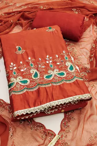 Rust cotton silk embroidered unstitched dress material