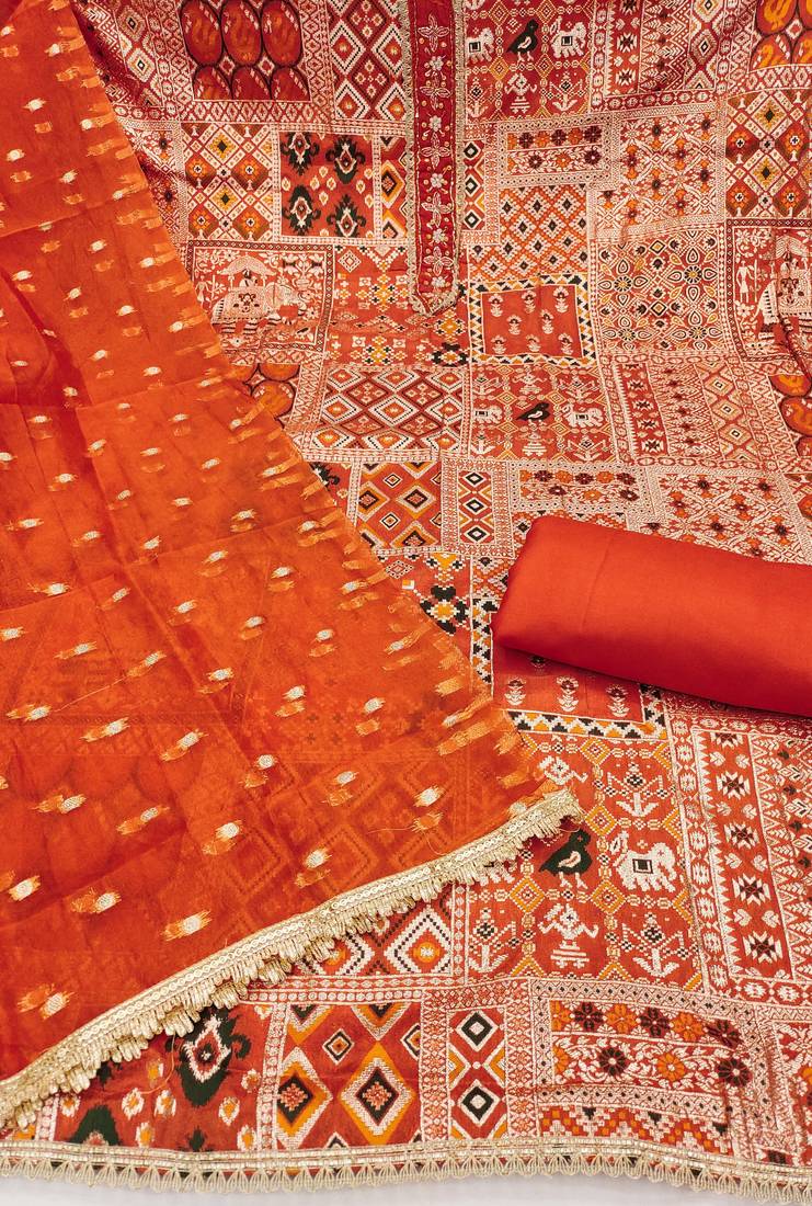 Orange viscose banarasi woven design unstitched dress material