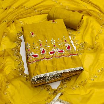 Yellow cotton silk embroidered unstitched dress material 2