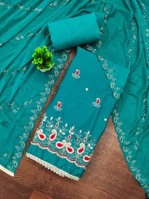 Turquoise cotton silk embroidered unstitched dress material 1