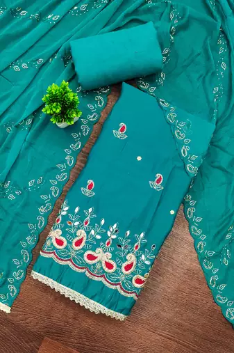 Turquoise cotton silk embroidered unstitched dress material