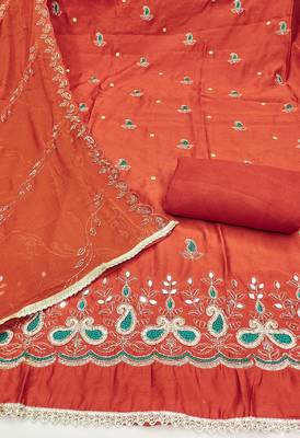 Rust cotton silk embroidered unstitched dress material 3