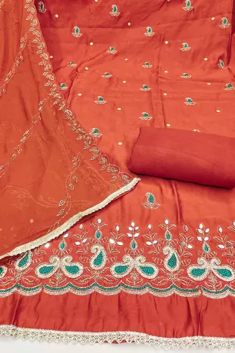 Rust cotton silk embroidered unstitched dress material