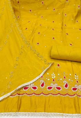 Yellow cotton silk embroidered unstitched dress material 3