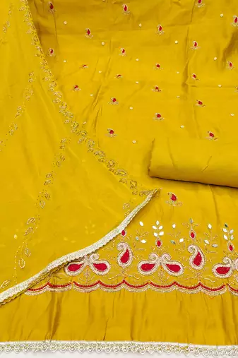 Yellow cotton silk embroidered unstitched dress material