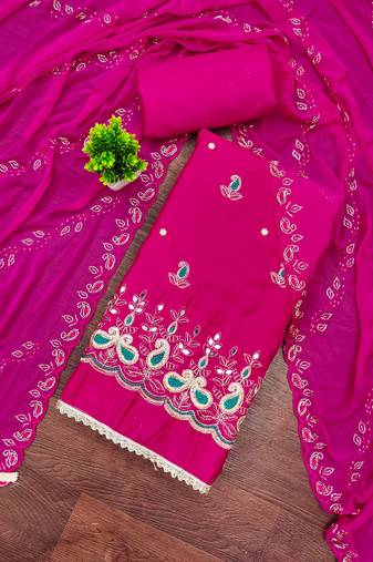 Magenta cotton silk embroidered unstitched dress material