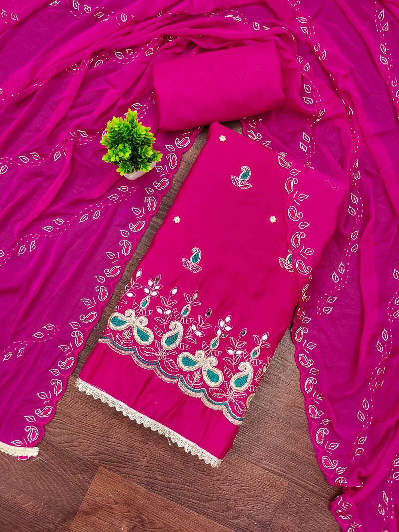 Magenta cotton silk embroidered unstitched dress material