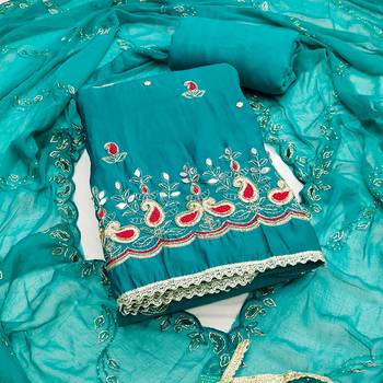 Turquoise cotton silk embroidered unstitched dress material 2
