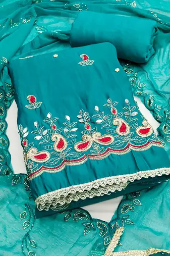 Turquoise cotton silk embroidered unstitched dress material