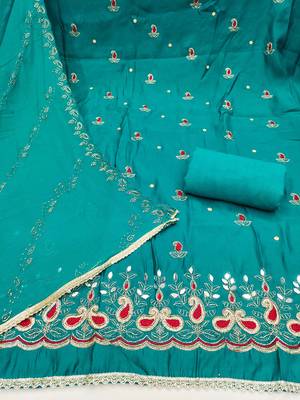 Turquoise cotton silk embroidered unstitched dress material 3