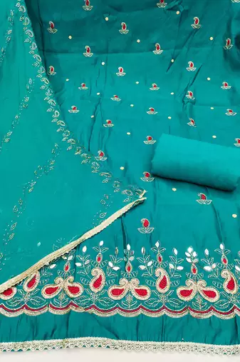 Turquoise cotton silk embroidered unstitched dress material