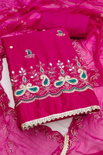 Magenta cotton silk embroidered unstitched dress material