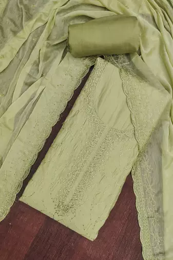 Green cotton silk embroidered unstitched dress material