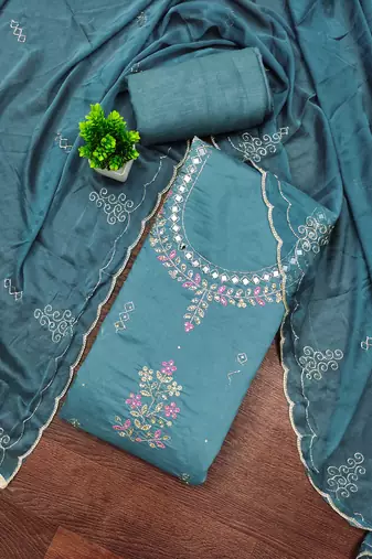 Teal cotton silk embroidered unstitched dress material